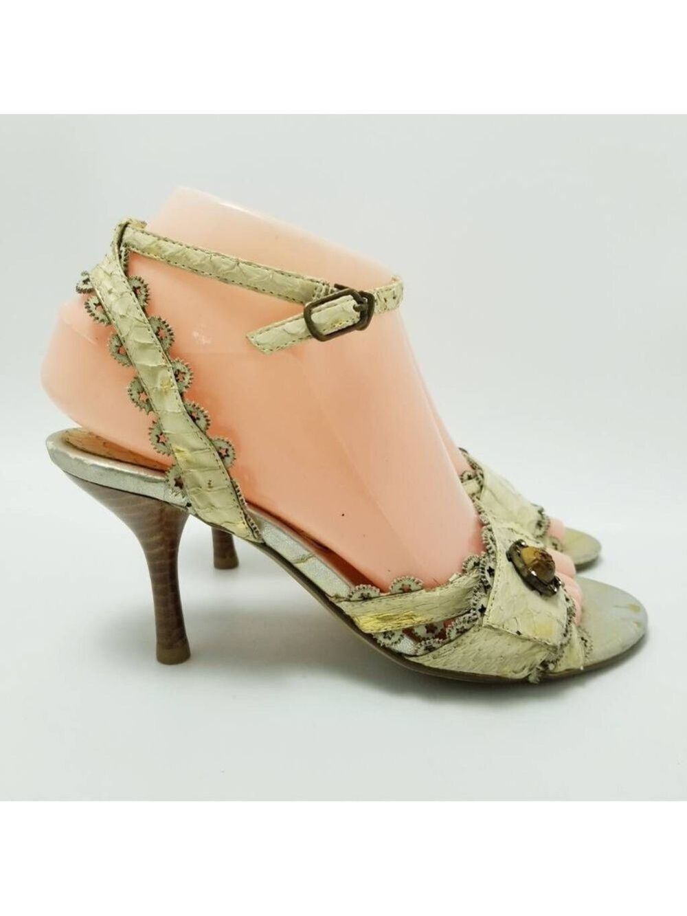 Cantarini Womens Ankle Strap Heels Sandals Shoes Beige Snakeskin Size EU 35
